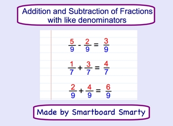 Preview of Adding and Subtracting Fractions w/like denominators Smartboard Lesson