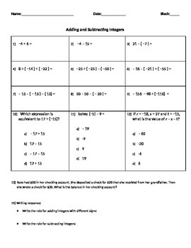 Preview of Adding and Subtracting Integers