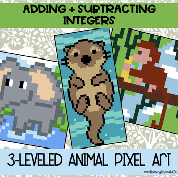Preview of Adding and Subtracting Integers 3-Leveled Animals Pixel Art | 7th Grade | Math