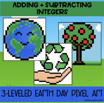 Preview of Adding and Subtracting Integers 3-Leveled Earth Day Pixel Art for 7th Grade