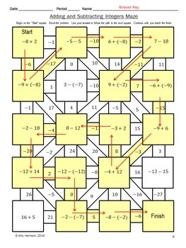 Adding and Subtracting Integers 4 by 5 Maze | TpT