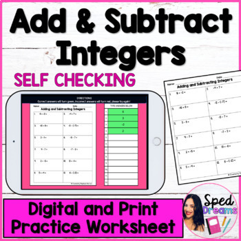 Preview of Adding and Subtracting Integers Digital Self Checking Practice Worksheet Print