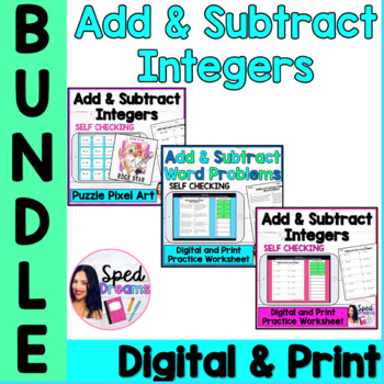 Preview of Adding and Subtracting Integers Digital Self Checking and Print Bundle Activity