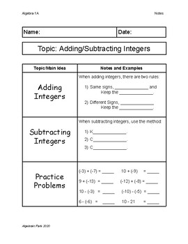 Preview of Adding and Subtracting Integers Guided Notes