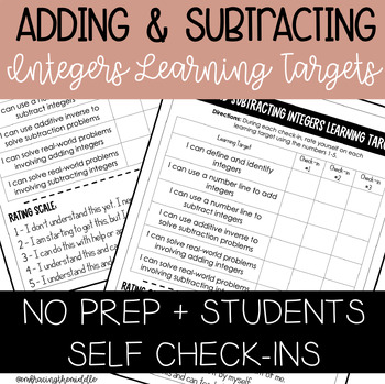 Preview of Adding and Subtracting Integers Learning Targets for 7th Grade Math