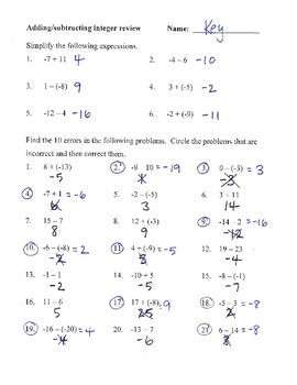 Adding and Subtracting Integers Review Worksheet by cTink's Math Resources