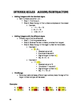 Preview of Adding and Subtracting Integers Rules