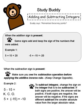 Preview of Adding and Subtracting Integers (Study Buddy)