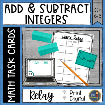 Preview of Adding and Subtracting Integers Task Cards Havoc Math Relay Print and Digital