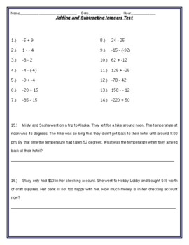 Preview of Adding and Subtracting Integers Test