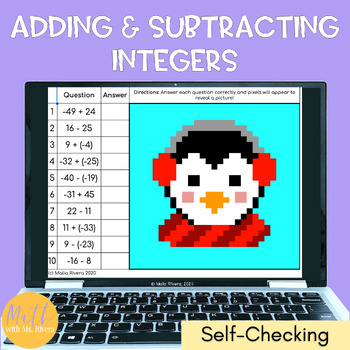 Preview of Adding and Subtracting Integers Winter Pixel Art Digital Self Checking 6th Grade