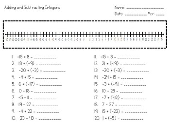 adding and subtracting integers with number line worksheet with digital option