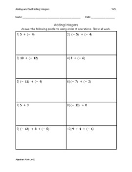 Preview of Adding and Subtracting Integers Worksheets