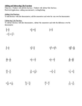 Preview of Adding and Subtracting Like Fractions Worksheet