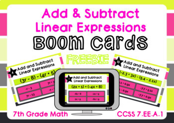 Preview of Adding and Subtracting Linear Expressions Boom Cards-Freebie Digital Task Cards