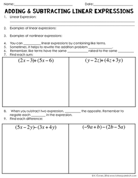 Adding and Subtracting Linear Expressions Notes | TpT