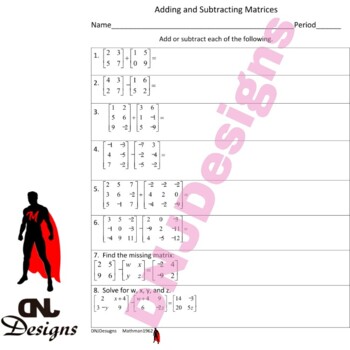 Preview of Adding and Subtracting Matrices Printable/Handout/Homework