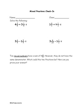 Preview of Adding and Subtracting Mixed Fractions (Assessment)
