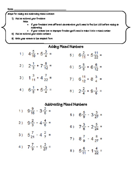 adding and subtracting mixed numbers homework