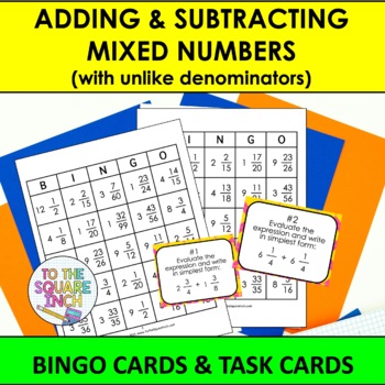 Preview of Adding & Subtracting Mixed Numbers Bingo Game | Task Cards | Whole Class
