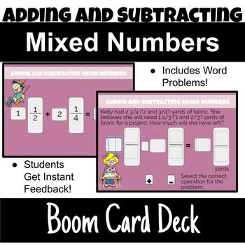 Preview of Adding and Subtracting Mixed Numbers Boom Card Deck Activity