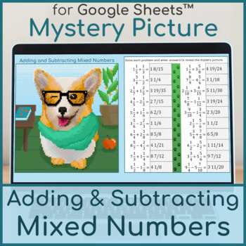 Preview of Adding and Subtracting Mixed Numbers | Distance Learning | Mystery Picture Corgi