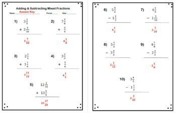 adding and subtracting mixed numbers fractions worksheet and answer key