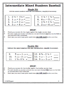 Adding And Subtracting Mixed Numbers Individual Baseball Game By Dandthopper