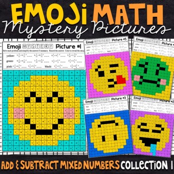 Preview of Emoji Add and Subtract Mixed Numbers Mystery Pictures