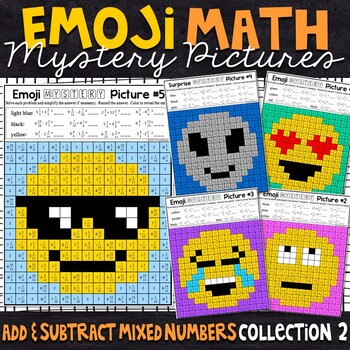 Preview of Emoji Add and Subtract Mixed Numbers Mystery Pictures | Set 2