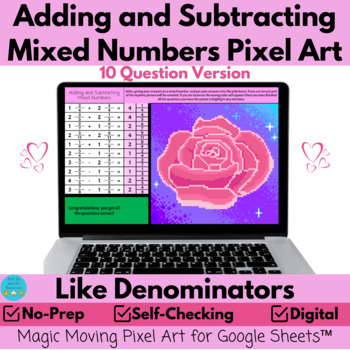 Preview of Adding and Subtracting Mixed Numbers Valentines Day Pixel Art | Like Denominator