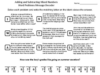 Adding and Subtracting Mixed Numbers Word Problems Activity: Message ...