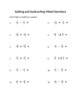 Adding and Subtracting Mixed Numbers Worksheet by Mrs R 4th TPT
