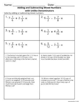 Adding and Subtracting Mixed Numbers Worksheets - Like and Unlike ...