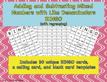 Preview of Adding and Subtracting Mixed Numbers with Like Denominators BINGO