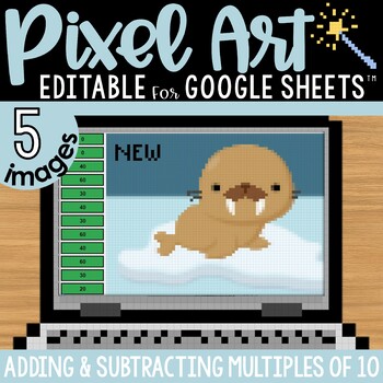 Preview of Adding and Subtracting Multiples of 10 Pixel Art Math for New Years & Winter