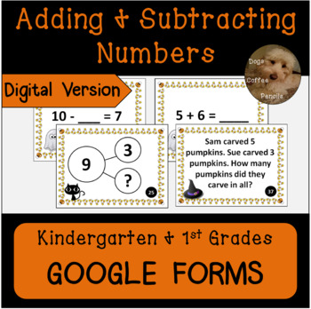 Preview of Adding and Subtracting Numbers Digital Task Cards Halloween-Themed Google Forms