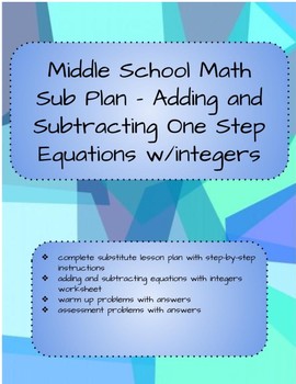 Preview of Substitute Plan - Adding and Subtracting One Step Equations with Integers