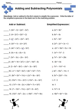 Adding and Subtracting Polynomials - Matching Worksheet by K Phillips