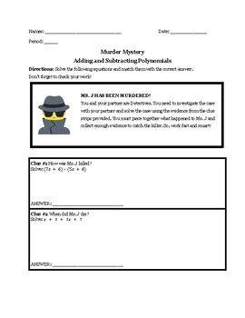 Adding and Subtracting Polynomials Murder Mystery Worksheet by Erica