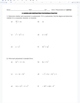 Preview of Adding and Subtracting Polynomials Practice Problems / Worksheet