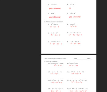 adding and subtracting polynomials practice and problem solving c