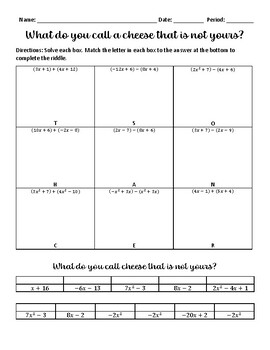 Preview of Fun Riddle: Adding and Subtracting Polynomials Worksheet