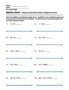 Preview of Adding and Subtracting Positive / Negative Numbers Worksheet with Number Line