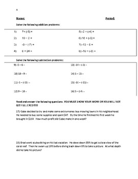 Preview of Adding and Subtracting Positives and Negatives, with two word problems