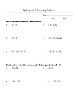 Preview of Adding and Subtracting Radicals Worksheet (Includes Variables)