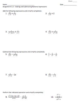 Preview of Adding and Subtracting Rational Expressions - Assignment