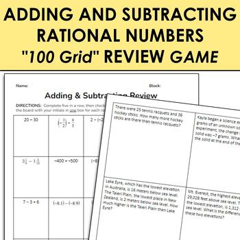 Preview of Adding and Subtracting Rational Numbers 100 Grid Review Game