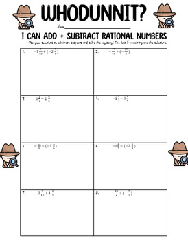Preview of Adding and Subtracting Rational Numbers Negative Fractions Editable Whodunnit