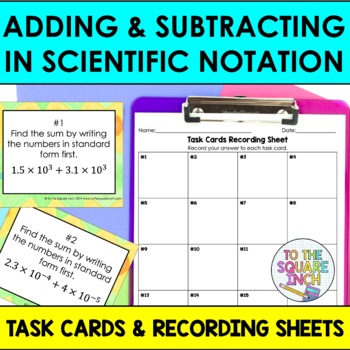 Preview of Adding and Subtracting in Scientific Notation Task Cards Practice Activity 